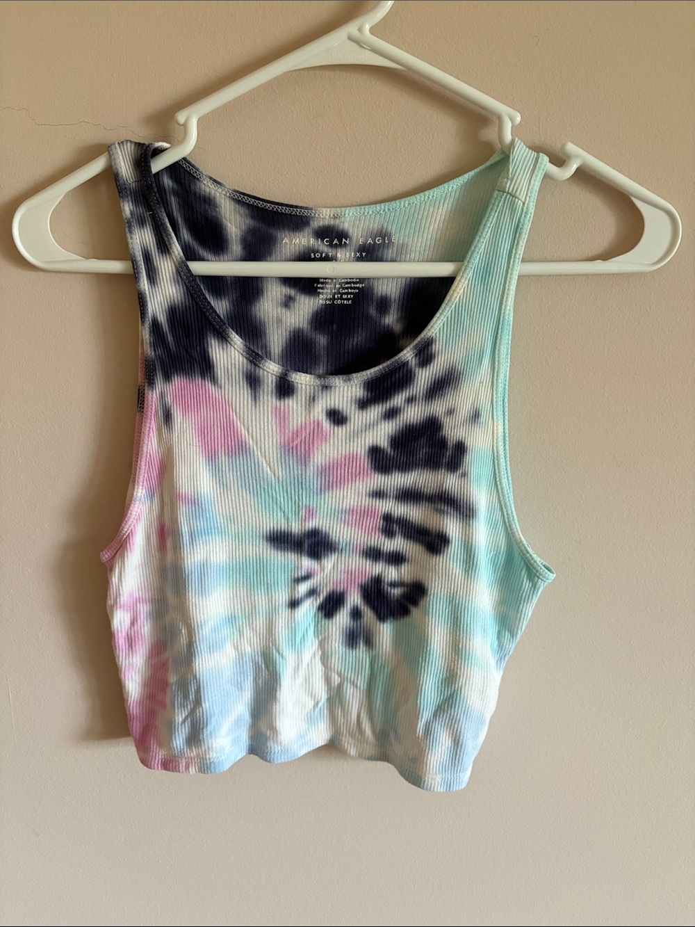 American Eagle Outfitters Ribbed Tie-Dye Crop Tank in Pink, Blue and Green